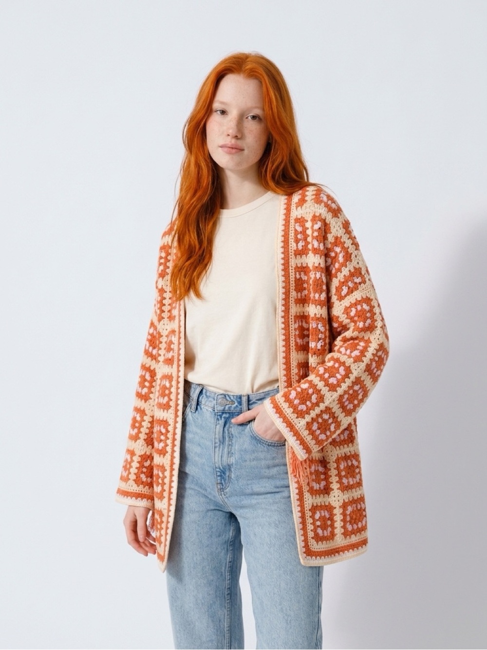 Forever 21 Orange and Cream Crochet Cardigan